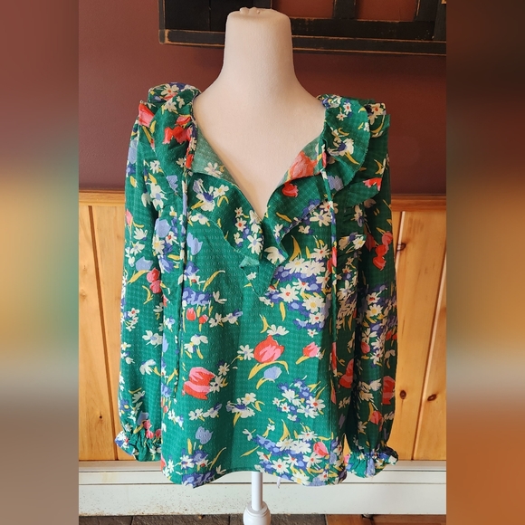 Loft Bouquet Floral Ruffle Tie Neck Top Blouse Green Size Small - Picture 3 of 11
